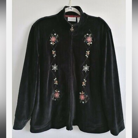 Alfred Dunner Tops - ALFRED DUNNER Black Velvet‎ Jacket Embroidered Cotton Blend  14 zip up vintagee